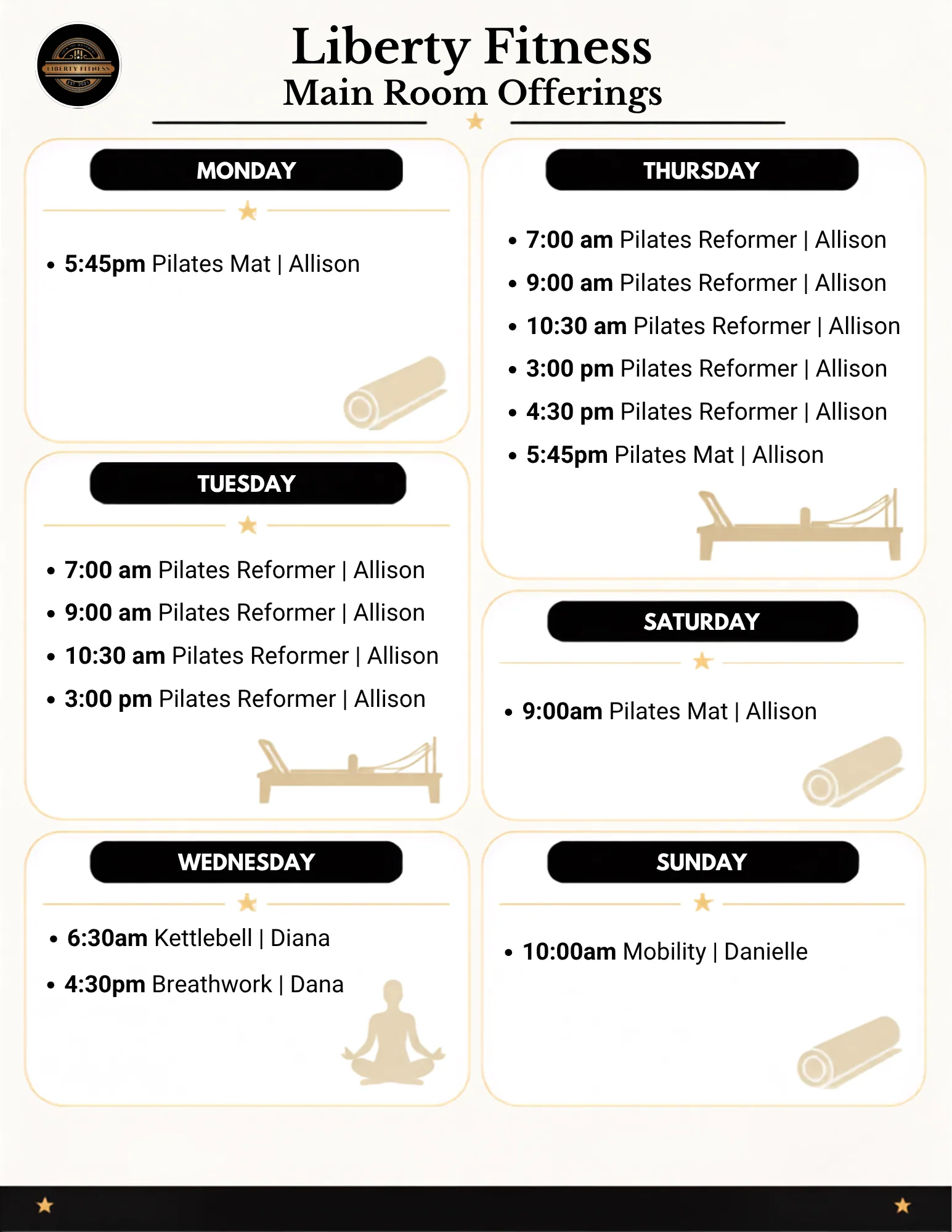 Main Room weekly class schedule