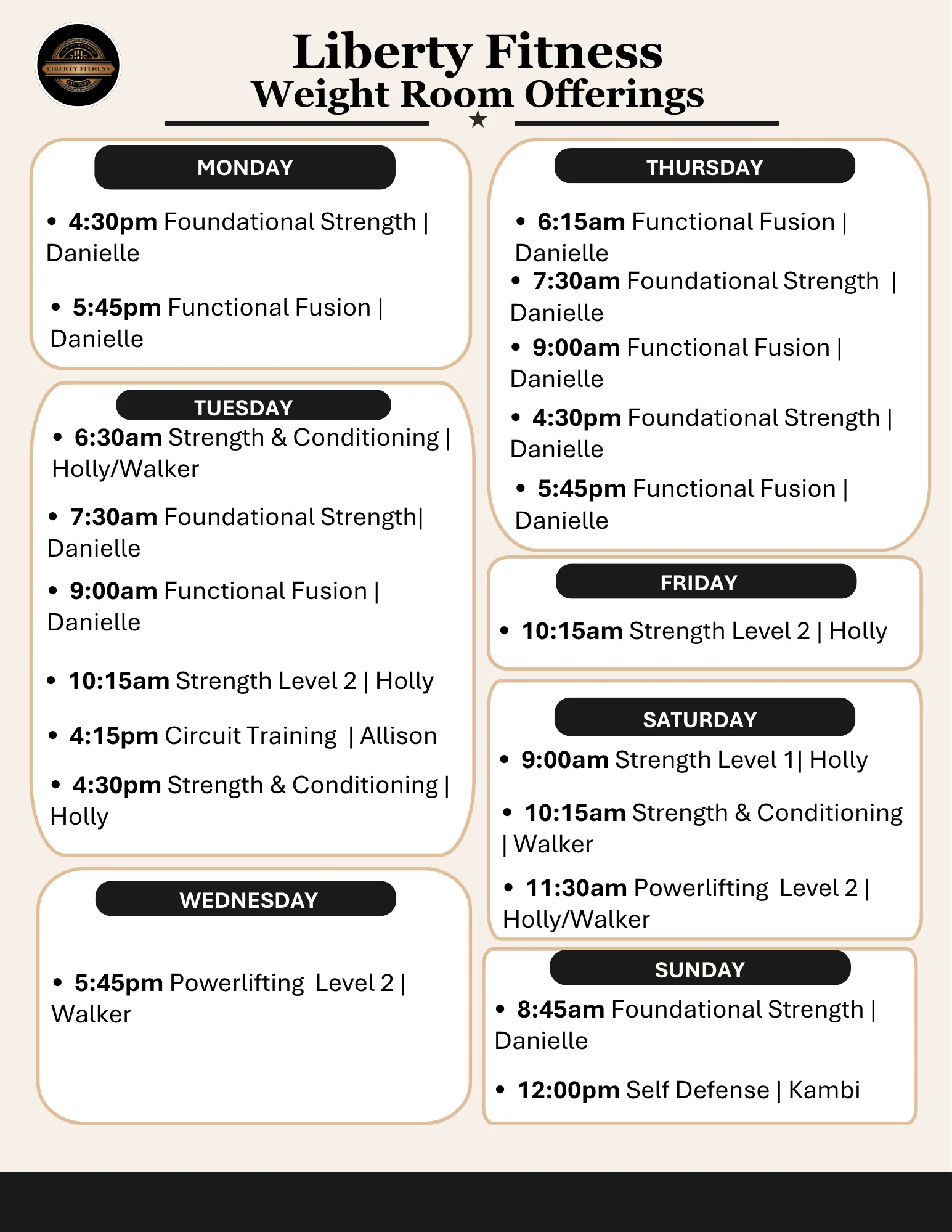 Weight Room weekly class schedule